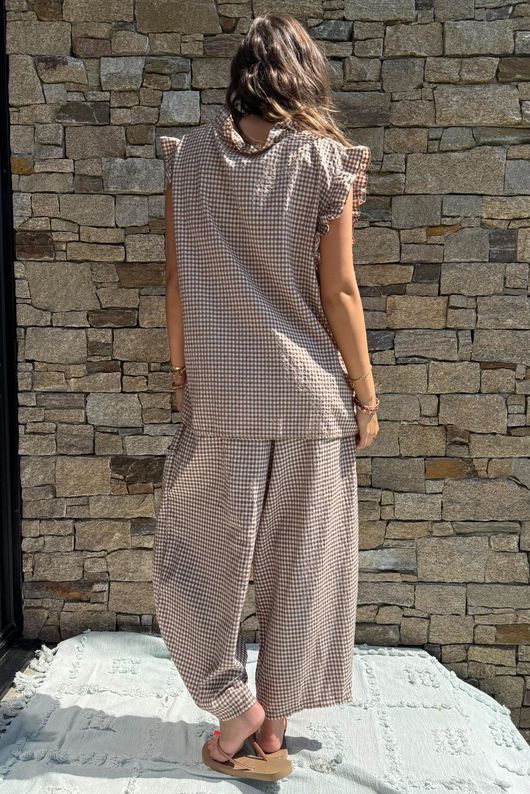 Arbi Gingham Y Blouse Hazelnut